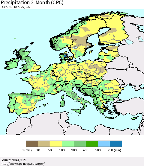 Europe Precipitation 2-Month (CPC) Thematic Map For 10/26/2021 - 12/25/2021