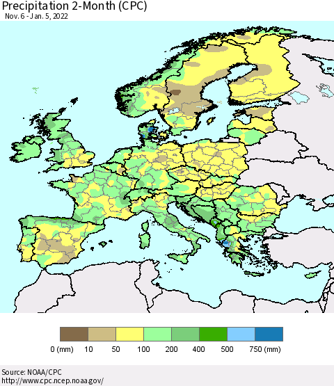 Europe Precipitation 2-Month (CPC) Thematic Map For 11/6/2021 - 1/5/2022