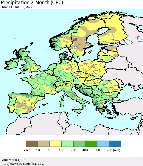 Europe Precipitation 2-Month (CPC) Thematic Map For 11/11/2021 - 1/10/2022