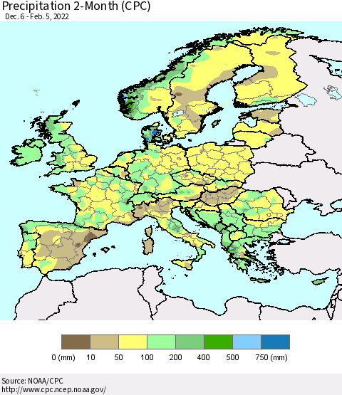 Europe Precipitation 2-Month (CPC) Thematic Map For 12/6/2021 - 2/5/2022