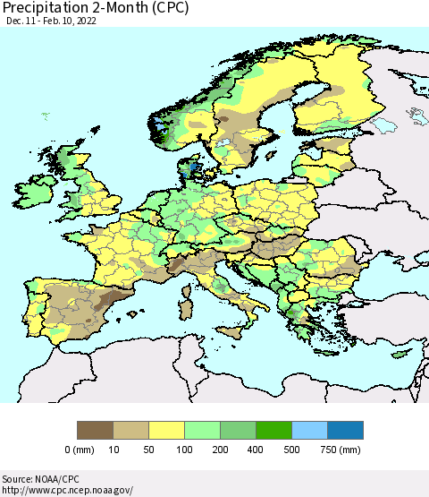 Europe Precipitation 2-Month (CPC) Thematic Map For 12/11/2021 - 2/10/2022