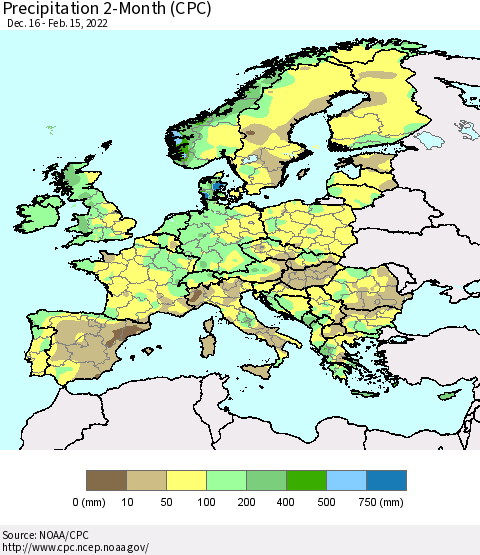 Europe Precipitation 2-Month (CPC) Thematic Map For 12/16/2021 - 2/15/2022