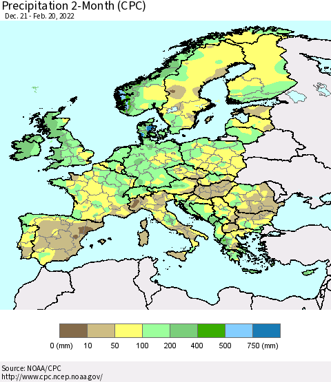 Europe Precipitation 2-Month (CPC) Thematic Map For 12/21/2021 - 2/20/2022