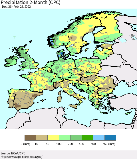 Europe Precipitation 2-Month (CPC) Thematic Map For 12/26/2021 - 2/25/2022