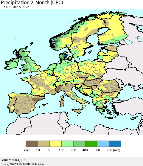Europe Precipitation 2-Month (CPC) Thematic Map For 1/6/2022 - 3/5/2022