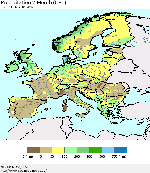 Europe Precipitation 2-Month (CPC) Thematic Map For 1/11/2022 - 3/10/2022