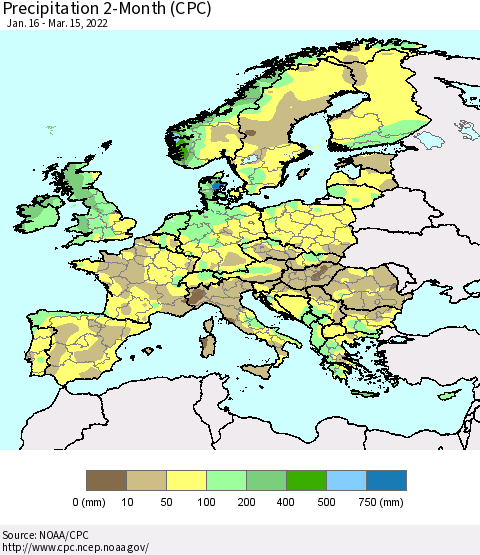 Europe Precipitation 2-Month (CPC) Thematic Map For 1/16/2022 - 3/15/2022