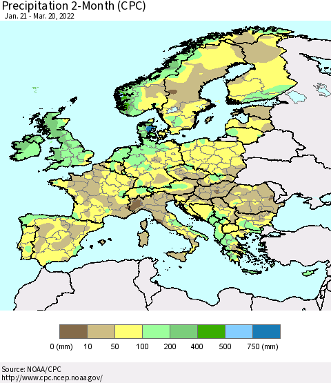 Europe Precipitation 2-Month (CPC) Thematic Map For 1/21/2022 - 3/20/2022