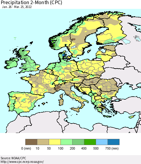 Europe Precipitation 2-Month (CPC) Thematic Map For 1/26/2022 - 3/25/2022