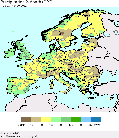 Europe Precipitation 2-Month (CPC) Thematic Map For 2/11/2022 - 4/10/2022