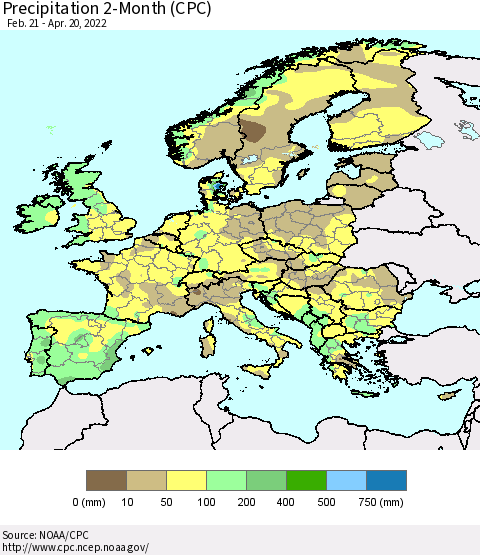Europe Precipitation 2-Month (CPC) Thematic Map For 2/21/2022 - 4/20/2022