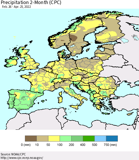 Europe Precipitation 2-Month (CPC) Thematic Map For 2/26/2022 - 4/25/2022