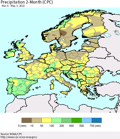 Europe Precipitation 2-Month (CPC) Thematic Map For 3/6/2022 - 5/5/2022