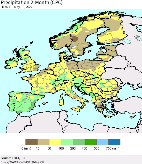 Europe Precipitation 2-Month (CPC) Thematic Map For 3/11/2022 - 5/10/2022