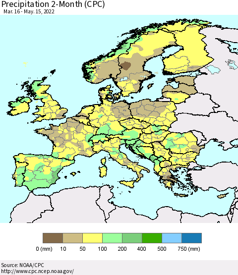 Europe Precipitation 2-Month (CPC) Thematic Map For 3/16/2022 - 5/15/2022