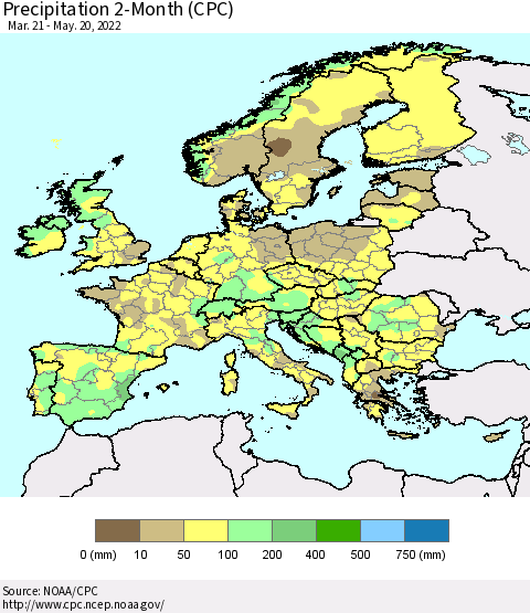 Europe Precipitation 2-Month (CPC) Thematic Map For 3/21/2022 - 5/20/2022