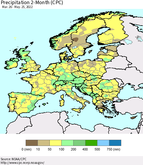 Europe Precipitation 2-Month (CPC) Thematic Map For 3/26/2022 - 5/25/2022