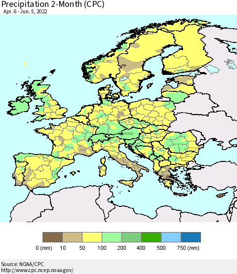 Europe Precipitation 2-Month (CPC) Thematic Map For 4/6/2022 - 6/5/2022