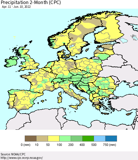 Europe Precipitation 2-Month (CPC) Thematic Map For 4/11/2022 - 6/10/2022