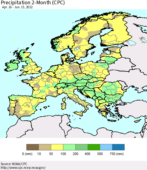 Europe Precipitation 2-Month (CPC) Thematic Map For 4/16/2022 - 6/15/2022