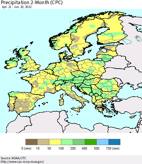 Europe Precipitation 2-Month (CPC) Thematic Map For 4/21/2022 - 6/20/2022