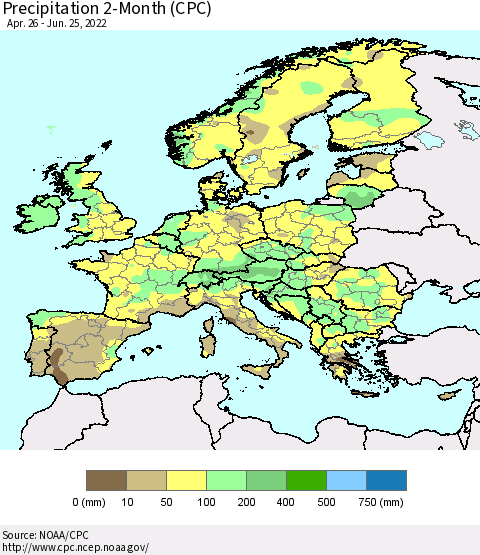 Europe Precipitation 2-Month (CPC) Thematic Map For 4/26/2022 - 6/25/2022