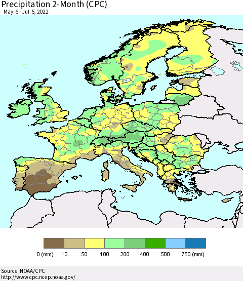 Europe Precipitation 2-Month (CPC) Thematic Map For 5/6/2022 - 7/5/2022