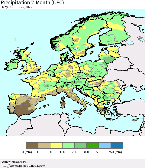 Europe Precipitation 2-Month (CPC) Thematic Map For 5/26/2022 - 7/25/2022