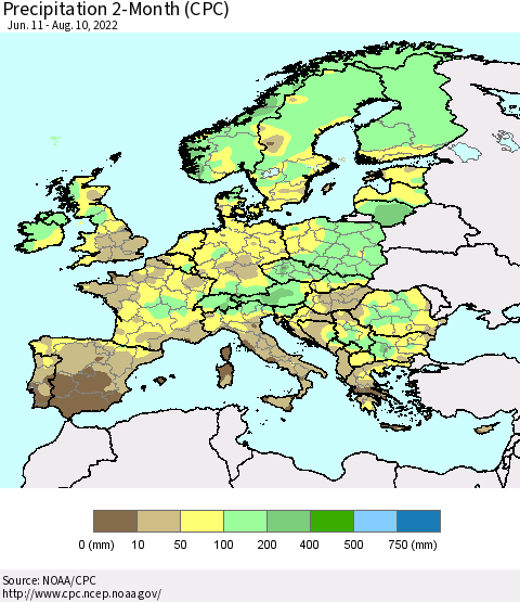 Europe Precipitation 2-Month (CPC) Thematic Map For 6/11/2022 - 8/10/2022