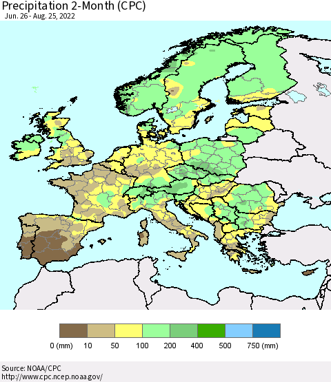 Europe Precipitation 2-Month (CPC) Thematic Map For 6/26/2022 - 8/25/2022