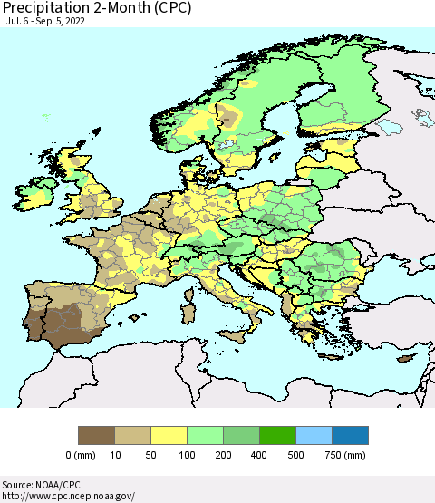 Europe Precipitation 2-Month (CPC) Thematic Map For 7/6/2022 - 9/5/2022