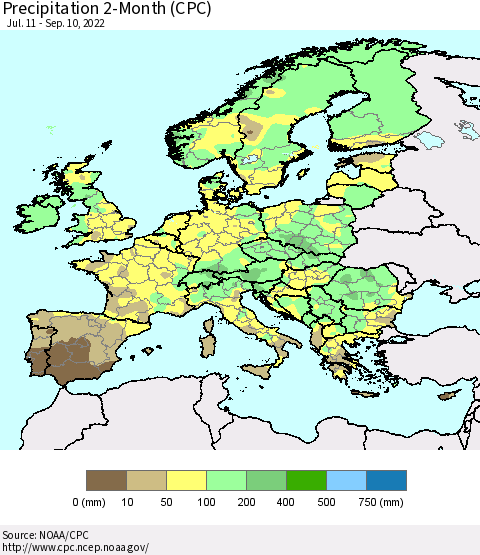 Europe Precipitation 2-Month (CPC) Thematic Map For 7/11/2022 - 9/10/2022