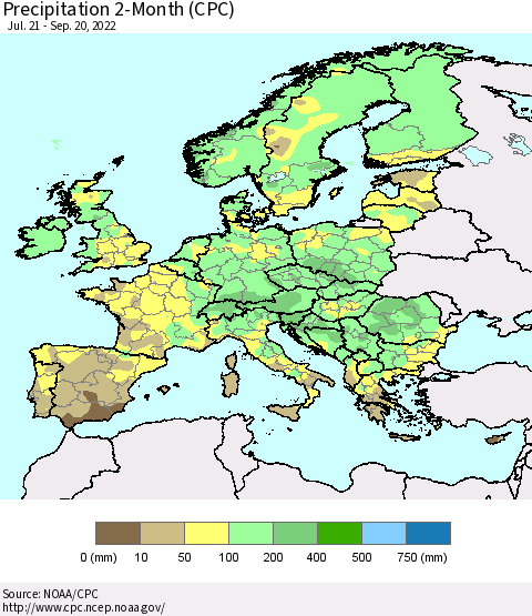 Europe Precipitation 2-Month (CPC) Thematic Map For 7/21/2022 - 9/20/2022
