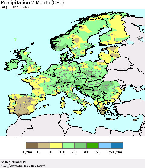 Europe Precipitation 2-Month (CPC) Thematic Map For 8/6/2022 - 10/5/2022