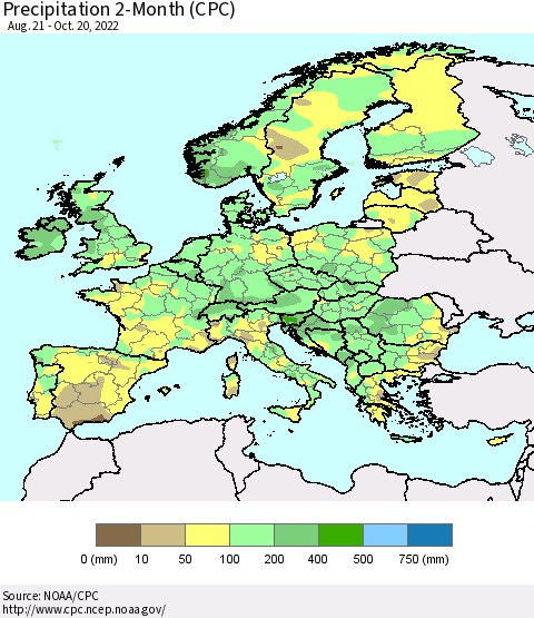 Europe Precipitation 2-Month (CPC) Thematic Map For 8/21/2022 - 10/20/2022