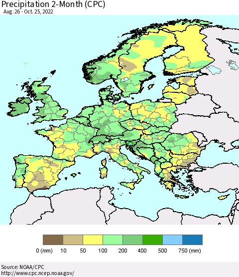 Europe Precipitation 2-Month (CPC) Thematic Map For 8/26/2022 - 10/25/2022