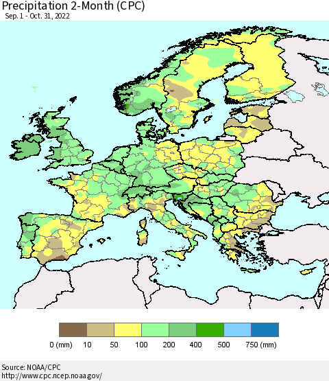 Europe Precipitation 2-Month (CPC) Thematic Map For 9/1/2022 - 10/31/2022