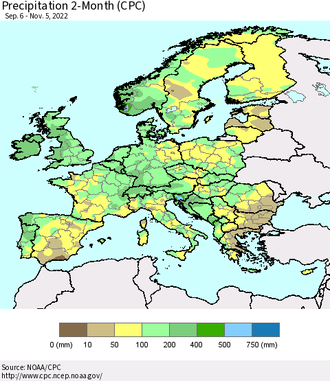 Europe Precipitation 2-Month (CPC) Thematic Map For 9/6/2022 - 11/5/2022