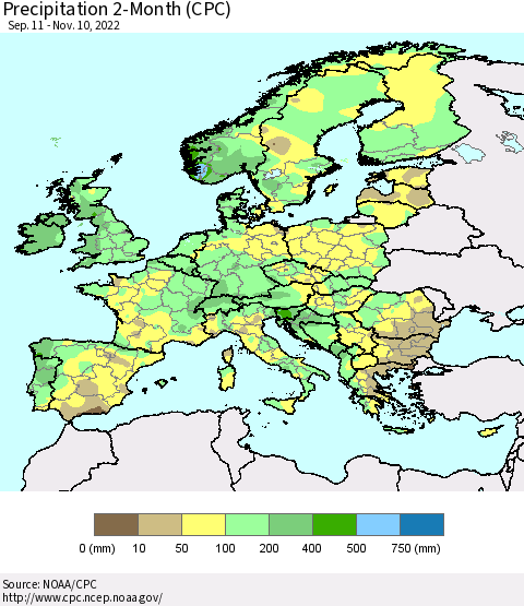 Europe Precipitation 2-Month (CPC) Thematic Map For 9/11/2022 - 11/10/2022