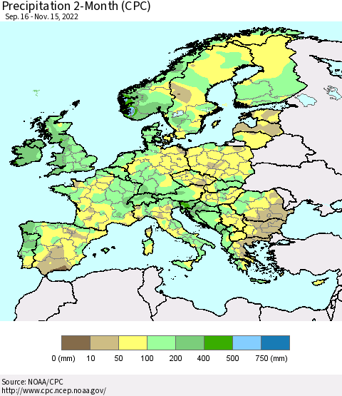 Europe Precipitation 2-Month (CPC) Thematic Map For 9/16/2022 - 11/15/2022