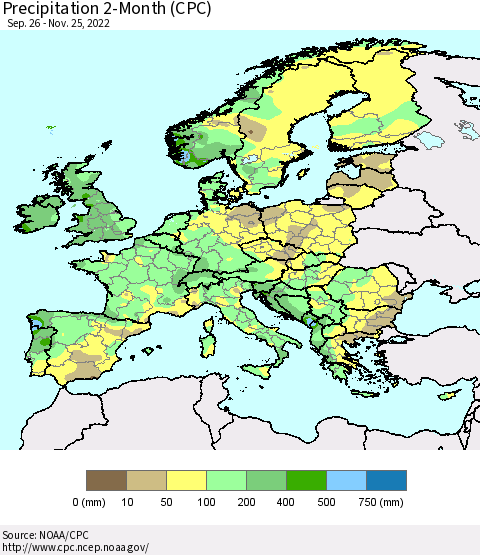 Europe Precipitation 2-Month (CPC) Thematic Map For 9/26/2022 - 11/25/2022
