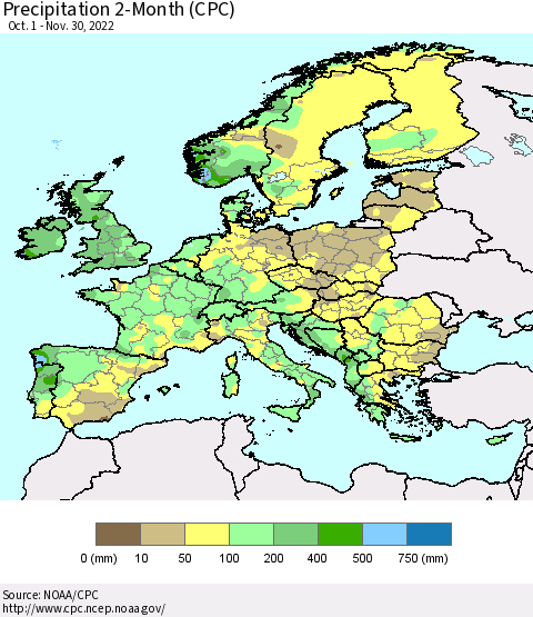 Europe Precipitation 2-Month (CPC) Thematic Map For 10/1/2022 - 11/30/2022