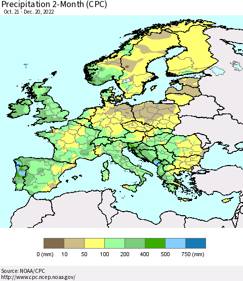 Europe Precipitation 2-Month (CPC) Thematic Map For 10/21/2022 - 12/20/2022