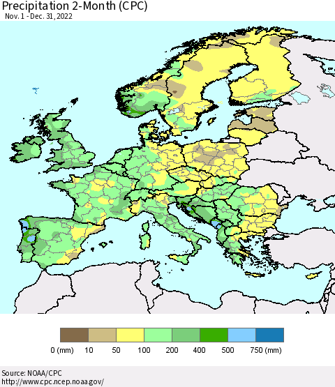 Europe Precipitation 2-Month (CPC) Thematic Map For 11/1/2022 - 12/31/2022
