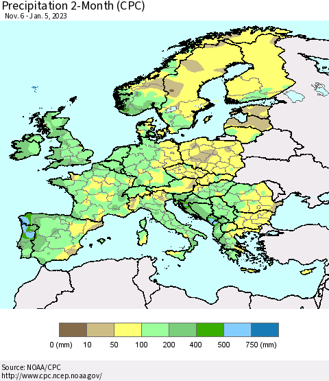 Europe Precipitation 2-Month (CPC) Thematic Map For 11/6/2022 - 1/5/2023