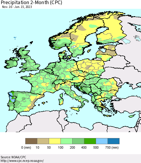 Europe Precipitation 2-Month (CPC) Thematic Map For 11/16/2022 - 1/15/2023