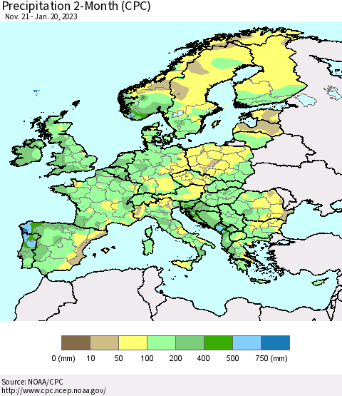 Europe Precipitation 2-Month (CPC) Thematic Map For 11/21/2022 - 1/20/2023
