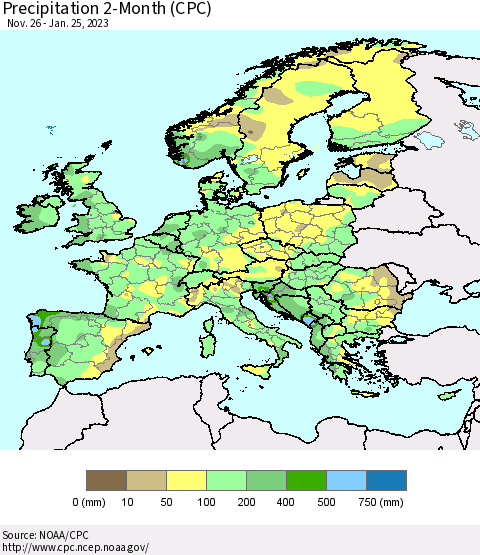 Europe Precipitation 2-Month (CPC) Thematic Map For 11/26/2022 - 1/25/2023