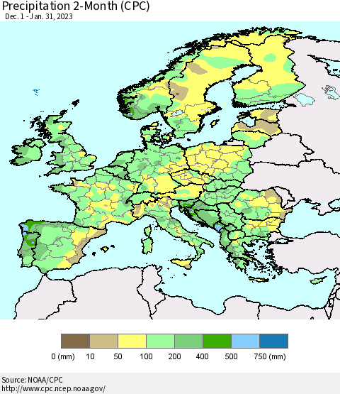 Europe Precipitation 2-Month (CPC) Thematic Map For 12/1/2022 - 1/31/2023