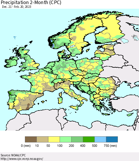 Europe Precipitation 2-Month (CPC) Thematic Map For 12/21/2022 - 2/20/2023